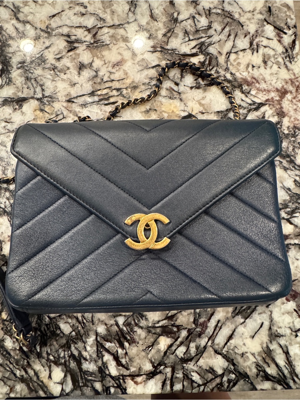 CHANEL Chevron Quilted Shoulder Bag - Dark Blue with Gold Hardware